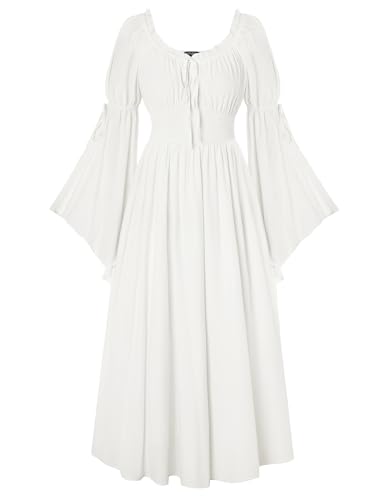 SCARLET DARKNESS Renaissance Mittelalter Damen Kleid Vintage Glockenärmliges Quadratischer Ausschnitt Kleider Weiß XXL