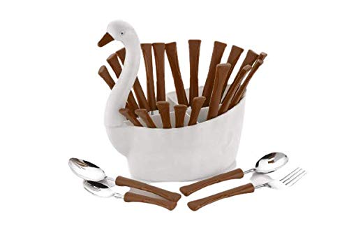 Linux4You Duck Shaped Premium Cutlery Serving Set & Flatware Serving Set, Spoon Set, Knives Set with Revolving Stand. – Pack of 24