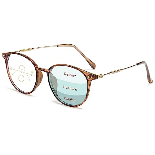 Lanomi Vintage Progressive Multifocal Reading Glasses Women Men Round Blue Light Blocking Eyeglasses Magnifying UV400 Outdoor Computer Reader Brown(Multifocal) 1.0