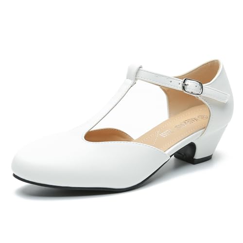 Image of MAIERNISI JESSI Women's T-Strap Mary Jane Pumps, Low Block Heel, Closed Toe, Buckle Ankle Strap