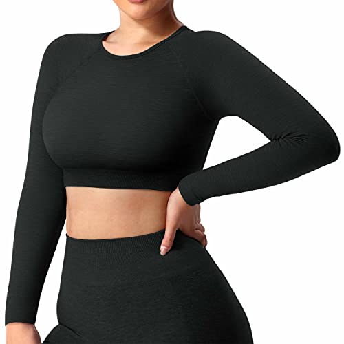 ZAAYO Damen Langarmshirt Sport Laufshirt Sportoberteil Longsleeve Running Crop Top Training Baselayer, Schwarz S