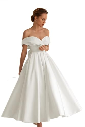 Women's Tea Length Wedding Dress for Bride Simple A Line Midi Courthouse Wedding Dresses