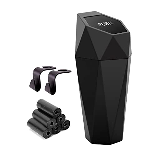 Ginsco Car Trash Can Cup Holder, Mini Car Trash Can with Lid, Car Accessories for Interior, Leakproof Small Trash Cup for Car, Home, Bedroom with Additional 2 ABS Hooks and 90pcs Trash Bags Black