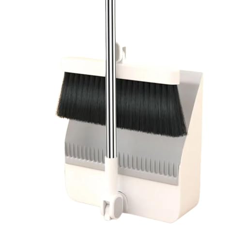 Rotating Broom and Dustpan Set with Self-Cleaning Comb Foldable Standing Windproof Dustpan Non-Stick Bristles Multi-Use Magic Broom and Wiper for Household Cleaning (White)