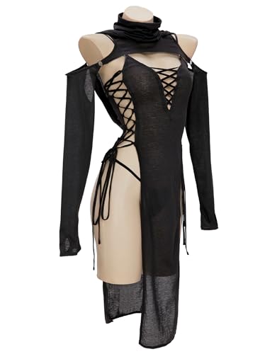 MEOWCOS Women's Bodycon Dress Gothic Ninja Style Lace up Slit Dress and Hooded Top Black2
