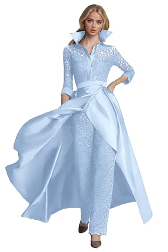 Jumpsuit Elegant V Neck Evening Dress Floor Length 3/4 Sleeve Satin Lace Party Mother of The Bride Dress 2025 SYC009