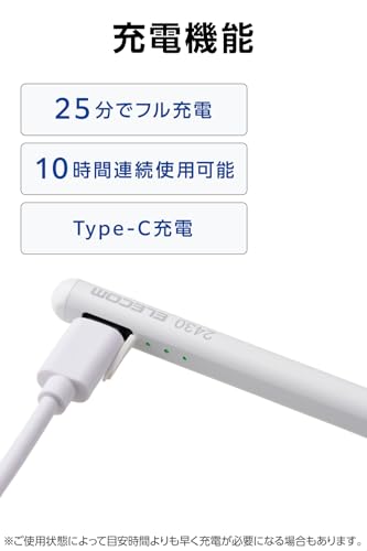 エレコム タッチペン 【iPad7/8/9/10、iPad Pro 11/12.9/13インチ、Air3/4/5/11・13インチ、mini5/6に対応】 iPad専用 ペンシル 急速充電 磁気吸着 傾き検知 パームリジェクション タイプC充電 フル充電で10時間連続使用可能 ペン先付属 P-TPACSTAP06WH