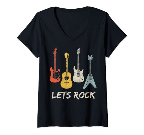 Mujer Lets Rock Rock n Roll Guitar Retro Gift Men Women Shirt Camiseta Cuello V