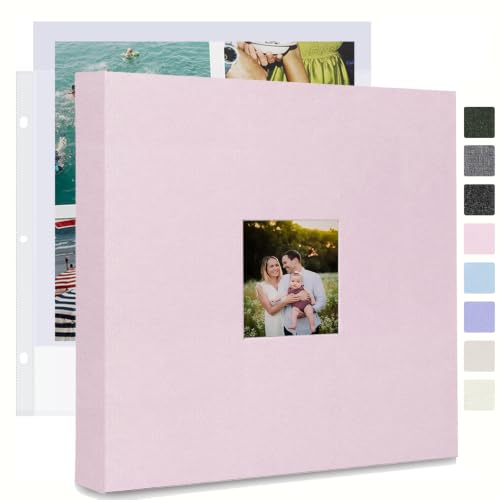 Álbum de fotos J.west de 12 x 12 pulgadas, con cubierta de lino y anillas de tres anillos, incluye 35 fundas plásticas y 70 páginas en blanco para scrapbook, álbum de recuerdos DIY para viajes, bodas, aniversarios y familia, color rosa miniatura 1