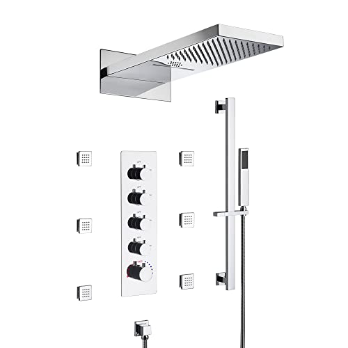 Sistema de ducha con cascada 9"x22" con LED, altavoces Bluetooth y 4 funciones (Montaje en pared) acero inoxidable pulido