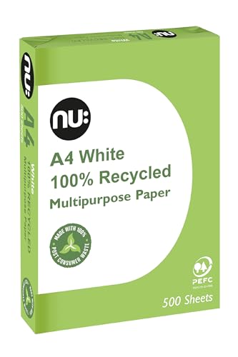 nu: Papel reciclado multiusos A4 | Blanco | 500 hojas | Superficie lisa | Adecuado para inyección de tinta, láser y copiadora | Ideal para el hogar y la oficina