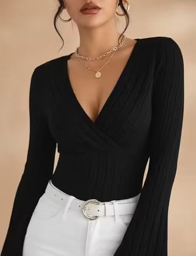 Image of Women Ribbed Knit V-Neck Wrap Top | Long Flare Sleeve Slim Fit Stylish Blouse for Casual