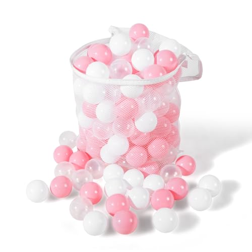 Heopeis Balls for Ball Pit, 100 pcs 2.2 Inches Thicken Soft Plastic Balls for Ball Pool, Crush Proof Ball Pit Balls BPA Phthalate Free Baby Toddler Toy Ball with 3 Color Pink White and Clear