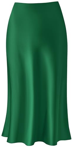 Keasmto Dark Green Skirts for Women Midi Length High Waist Silk Satin Elasticized A Line Summer...