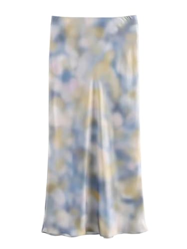 Summer Women Vintage Satin Midi Skirt High Waist Ruffle Print Tie Dye Regular Fit