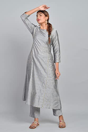 Image of Riara Art Silk Women Long Anarkali Kurti with Pant Polka Dot A-line Ladies Ethnic Wear Dress