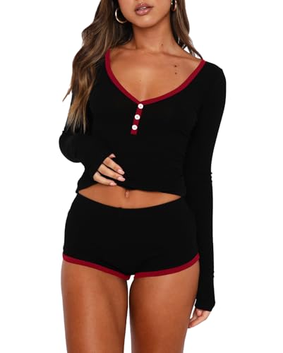 Image of INFITTY Womens Sexy Vneck 2 Piece Sets Casual Long Sleeve Button Short Pajama Outfit 2026 Trendy Crop Top Nightwear