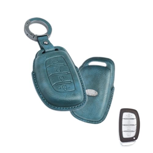 Image of Keyzone Vintage Leather Key Cover Compatible for Hyundai Alcazar, Creta EV, Creta 2021 Onwards 4 Button smart Key. (VL- Blue)