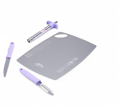 Image of Anjali 4-Piece Kitchen Tool Set - 1 Knife, 1 Peeler, 1 Chopping Board, 1 Lighter - Ideal for Cooking, Food Prep, and Various Uses for Home & Kitchen- Purple