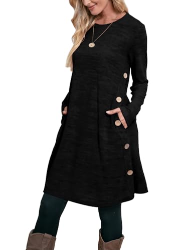 OFEEFAN Long Sleeve Dress for Women Crew Neck Tunic Dress with Pockets Buttons Side