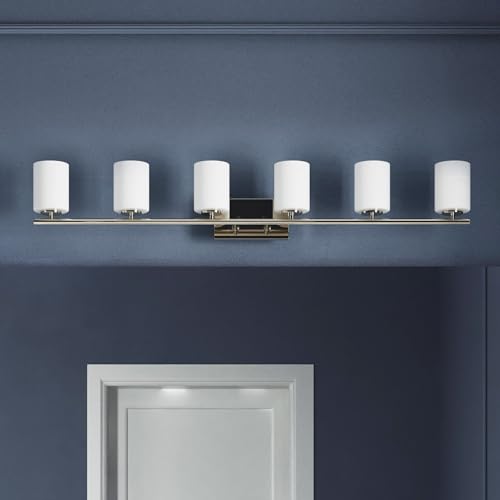 Image of Progress Lighting Replay Collection 6 Light Bathroom Vanity Light, Modern Bath Lighting Fixture with Etched White Glass Shades for Over the Mirror, Reversible Mounting, Polished Nickel