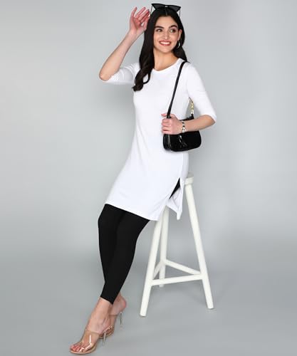 Image of FLEXIMAA Women's Cotton Plain Round Neck 3 /4 Sleeve Long Top