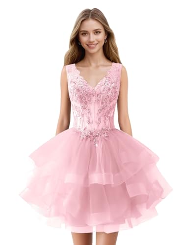 Aoruisen Sleeveless Tulle Homecoming Dresses V Neck Lace Appliques Mini Prom Cocktail Dress