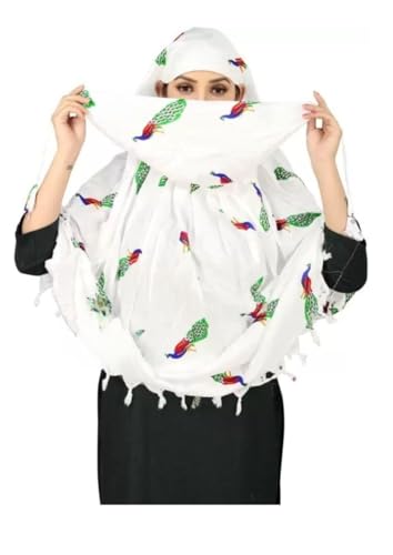 Image of Cotton Long Scarf Cum Mask Scarves Usable for Vehicle Driver | White Printed Design Fabric | Universal Size | Soft & Breathable Sun Protection | For Girl & Women