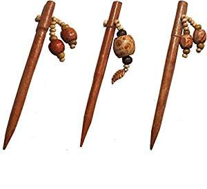 Wooden Hair Sticks with Decorative Beads, Traditional Asian Style Hair Pins, Set of 3, Brown