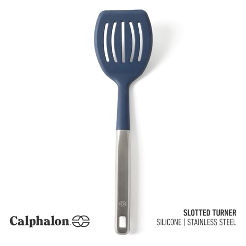 Image of Calphalon Prime Slotted Turner, Kitchen Flipping Spatula, Slotted Spatula with Silicone Head and Stainless Steel Handle, Heat Resistant Nonstick Cookware for Flipping and Draining (Navy Blue)