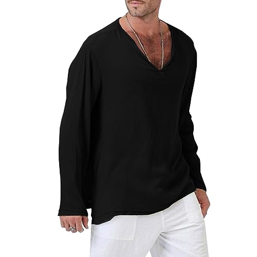 Maiyifu-GJ Men's Casual V-Neck Long Sleeve Shirt Solid Color Fashion Sweatshirt Athletic Flax Shirt2