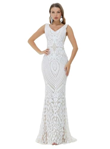 Image of Women's Wedding Bridesmaid Gown Sequined Mermaid V Neck Sleeveless Evening Dress