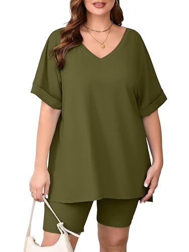 Image of AusLook Women's Plus Size 2 Piece Short Outfits Set Short Sleeve Tops and Shorts Pants Lounge Jogging outfits Matching Set