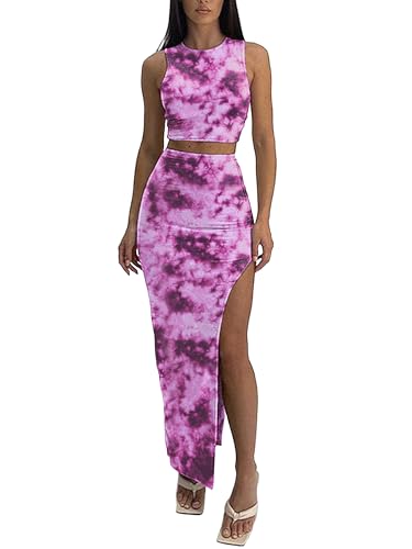 Image of ELLEVEN Two Piece Maxi Skirt Sets Summer 2 Piece Dress Outfits Sexy High Slit Long Skirt and Sleeveless Crop Top for Women Going Out Bodycon Purple Tie Dye X-Small