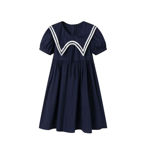 LittleSpring Girls Short Sleeve Uniform Nautical Dress with Collar Navy Sleek