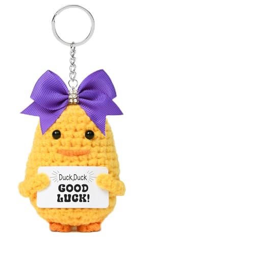DEEKA Crochet Cheer Duck with Bow Cheer Gifts Bag Accessories Essentials Keychain for Backpack Support Good Luck Duck Cheerleading Cheerleader Team Gifts (Purple Bow)