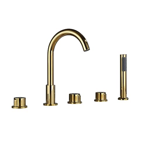 Robinet de Baignoire Robinet 5 Trous à Deux Poignées Mitigeur de Baignoire avec Robinet de Douche Douche Robinet de Salle de Bain Baignoire En Laiton Doré B