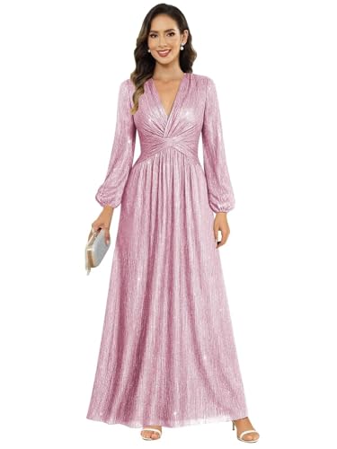 Image of Women's Formal Wedding Guest V Neck Glitter Sequins Mother of The Bride Dresses Long Sleeve