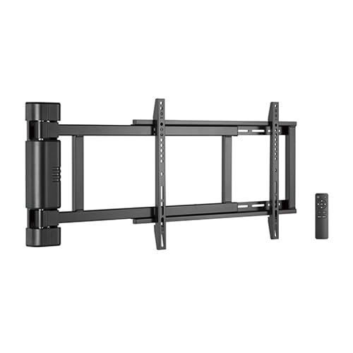 LUMI Flex Mount PLB-M06 showing a TV mounted in a living room with three possible viewing positions indicated by pins and a remote control in hand.