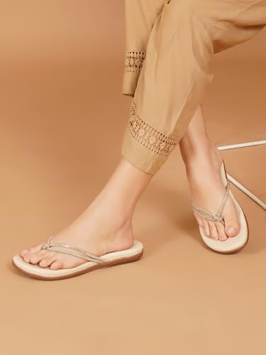 Image of JM LOOKS Elegant Embellished Shimmer Strap Flip Flops Comfortable Lightweight Daily Wear Flat Sandals For Women