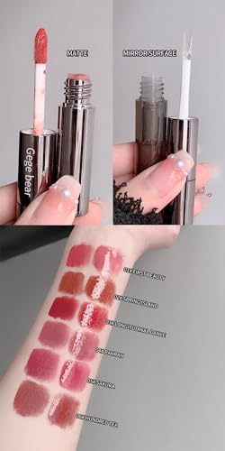Image of Gege Bear Dual Lip Gloss | Matte & Mirror Glossy Double Headed Liquid Lipstick | Velvet Matte & High Shine | Nude Dream Red Wine Sakura Pink Brown | Moisturizing Lip Care Gloss | Korean Style Makeup Aesthetic | Best Hydrating Lipstick For Women (01# First Beauty, 2gX2)