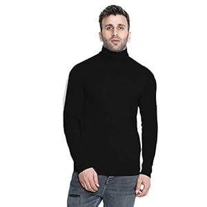 CHKOKKO Winter Wear Cotton Plain Full Sleeve Turtle Neck T Shirt for Men Black Size L
