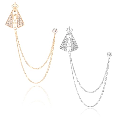 Image of 2PCS Crystal Hanging Chain Brooch Suit Pin for Men Women Vintage Crown Cross Star Diamond Broochs Gold and Silver Wedding Brooch for Clothes Dress Hats Bags Accessory