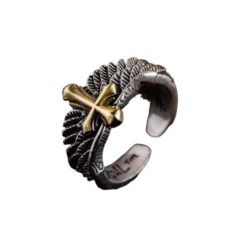 Bague vintage en croix et plumes pour homme anneau ajustable style niche
