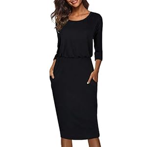 Moyabo Womens Plus Size Dresses 3/4 Sleeve Round Neck Hips-Wrapped Bodycon Office Pencil Dress Black Medium