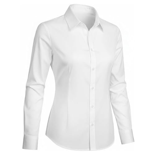 InfiniZer White Shirts for Women Ladies Long Sleeve Button Down Stretch Blouse for Office Work Business Casual (UK Alpha S Regular Regular White)