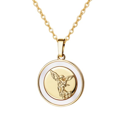 JewelryWe Collar de San Miguel de Mujer: Colgante de Arcángel Vintage de Acero Inoxidable con Tarjeta Joyería Católica Religiosa Oro - para Regalo Bautismo Comunión