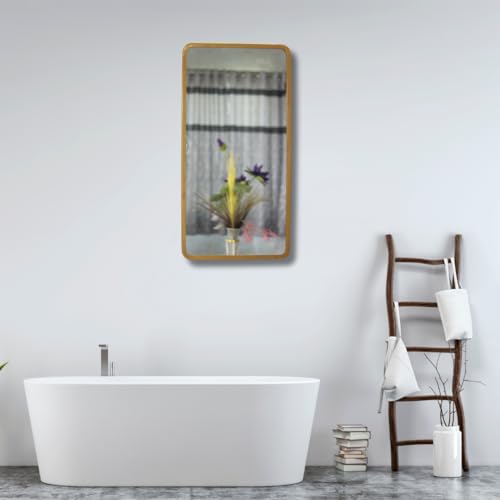 Image of Quality Glass Modern Elegance Rectangular Wall-Mounted Mirror Metal Framed Wall Mirror Bathroom Mirror Living Room Mirror Home Decor Mirror 18 x 36 Inches Golden MF 98