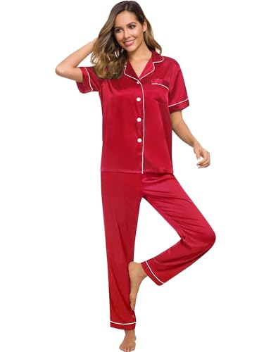 Image of SWOMOG Women Satin Pajamas Set Short Sleeve Top & Pants Sleepwear Silky Button Down Nightwear 2pcs Loungewear Pjs Set