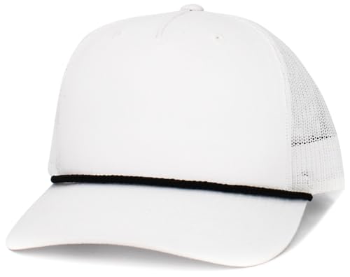 Image of KBE-5-ROPE WHT-BLK Classic 5 Panel Cotton Twill Mesh Trucker Cap Hat Adjustable Snapback Hat